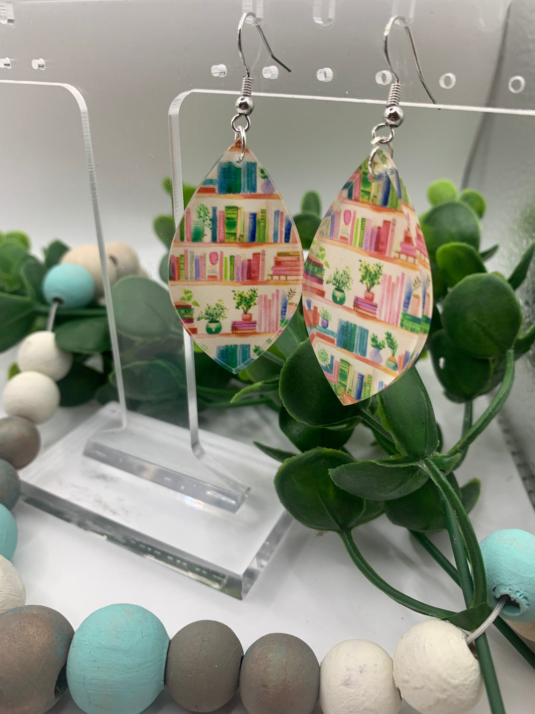 Acrylic Bookshelf and Plants Print Dangle Earring-Two Options Petal or Teardrop shape