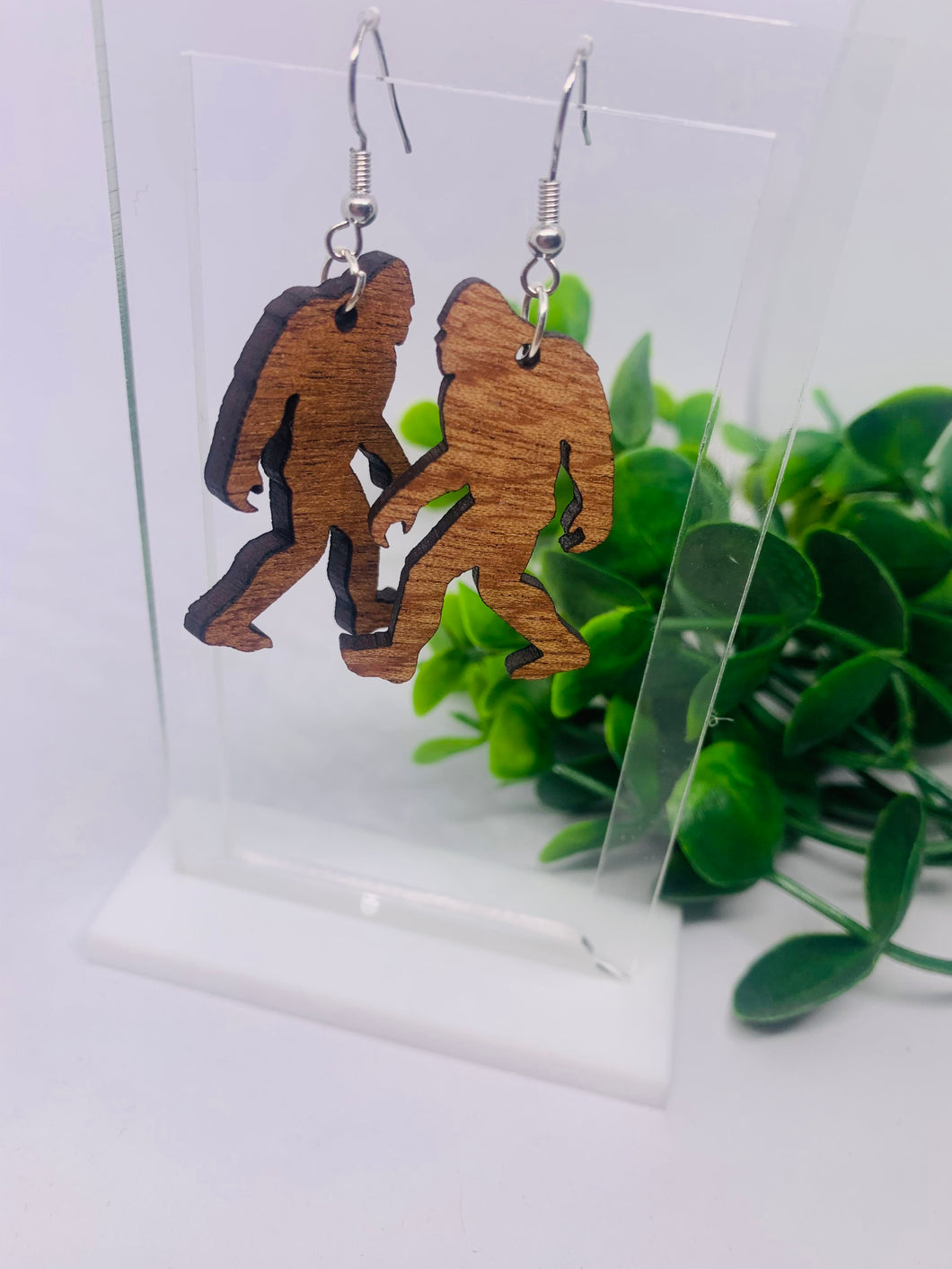 Wooden Sasquatch Bigfoot dangle earrings