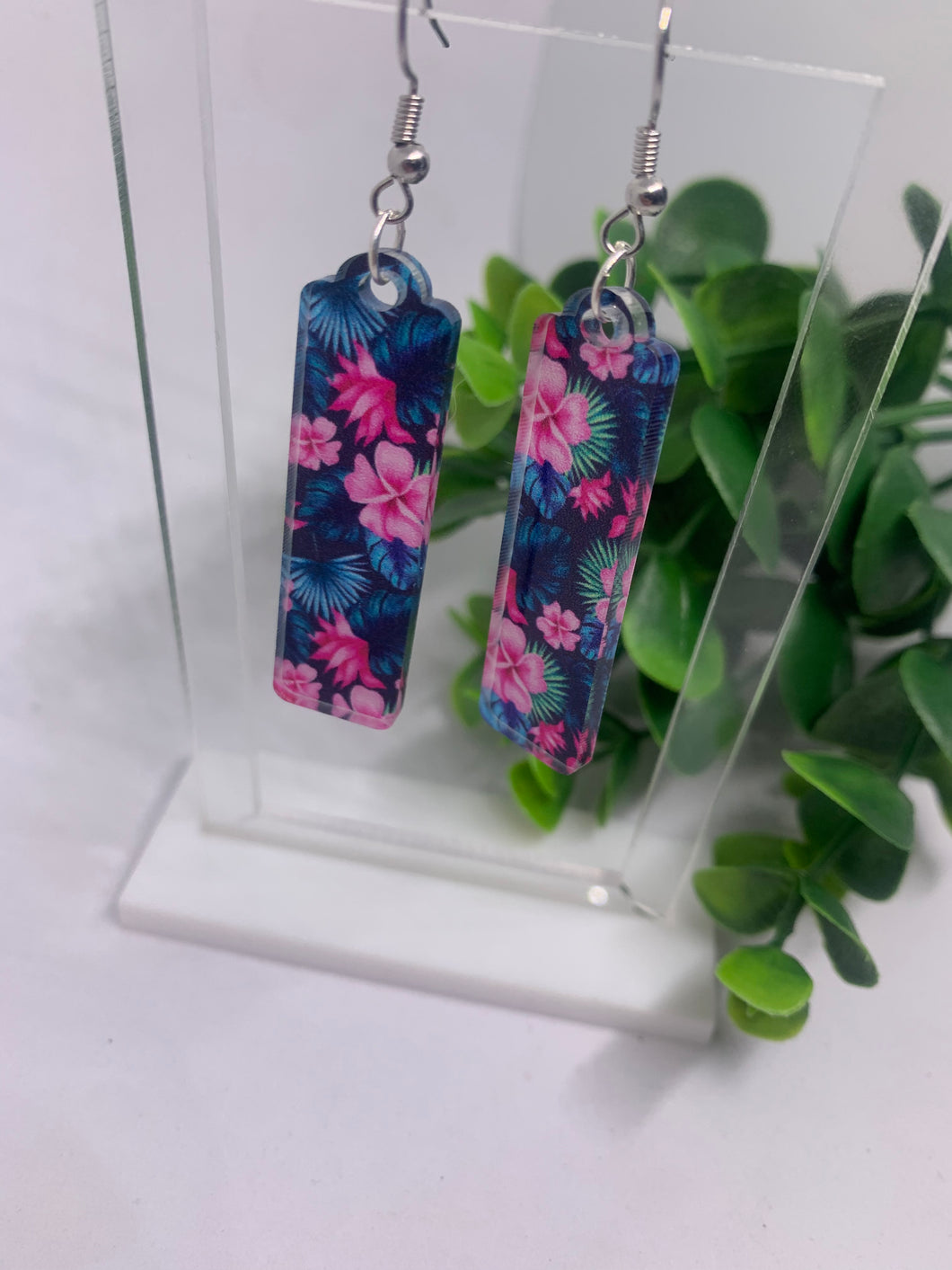 Acrylic Hawaiian Floral Print Hibiscus Dangles-Two Options Ovals or Rectangles