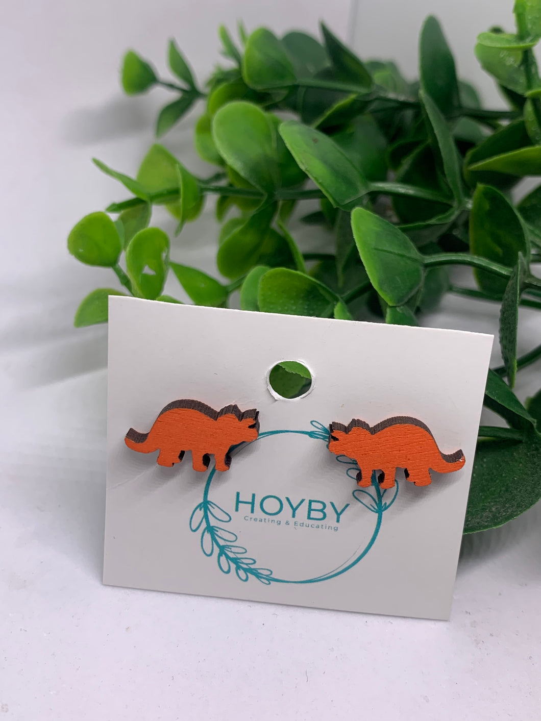 Wooden Triceratops Dinosaur Stud Earrings
