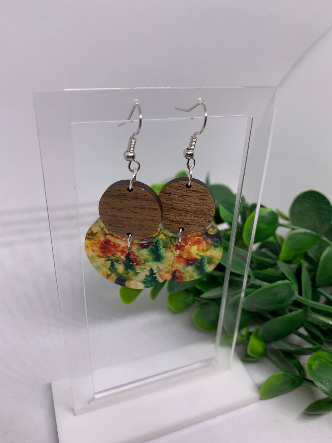 Acrylic Fall Trees and Wooden Circles Dangle Earrings