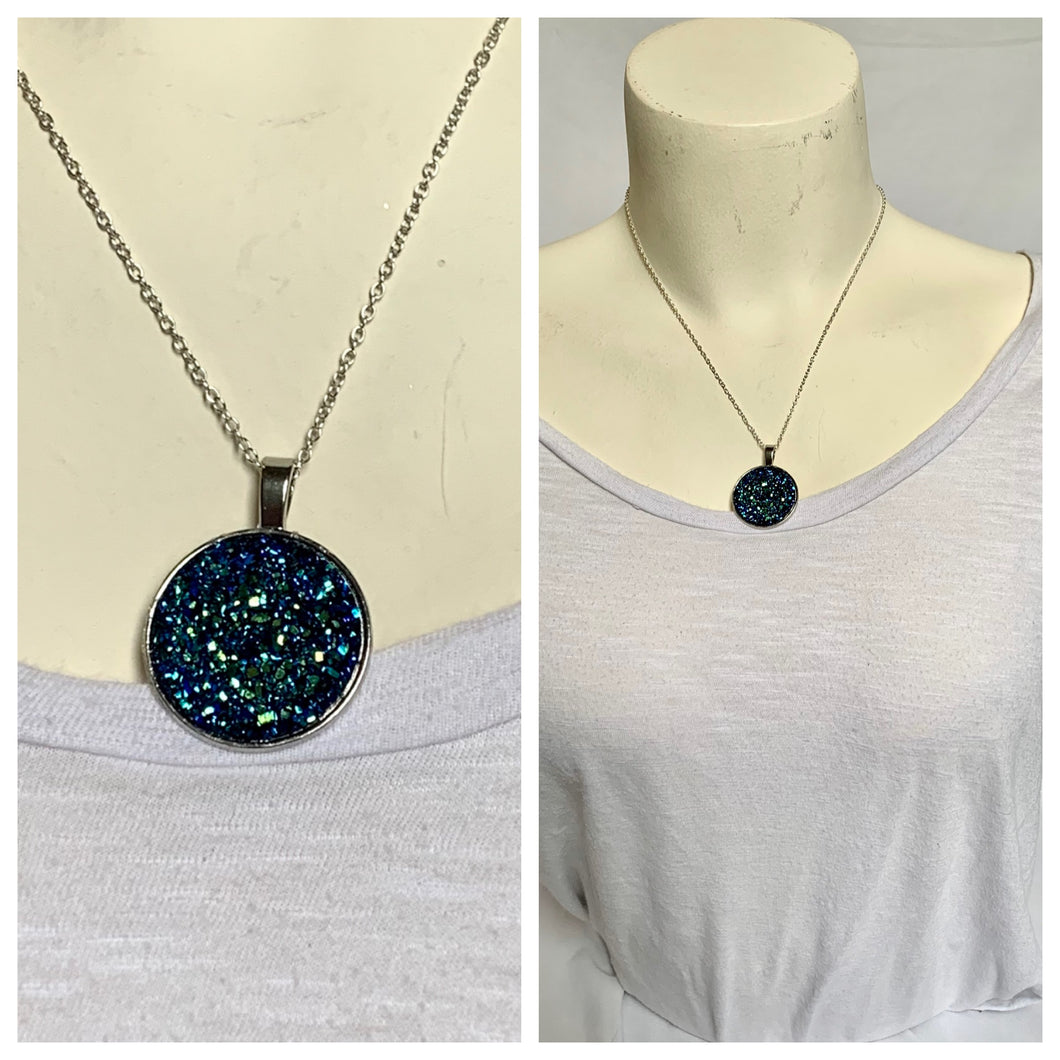 Bright Blue Druzy Style Circular Pendant Necklace 25mm (Copy)