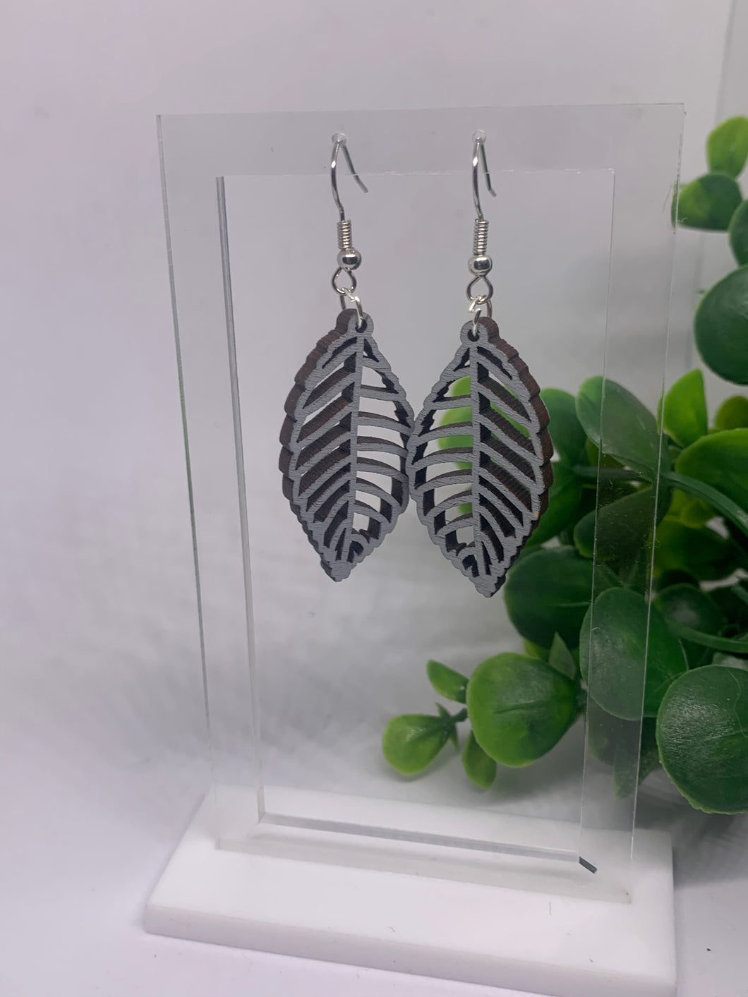 Wooden Gray Leaf Dangle Earrings