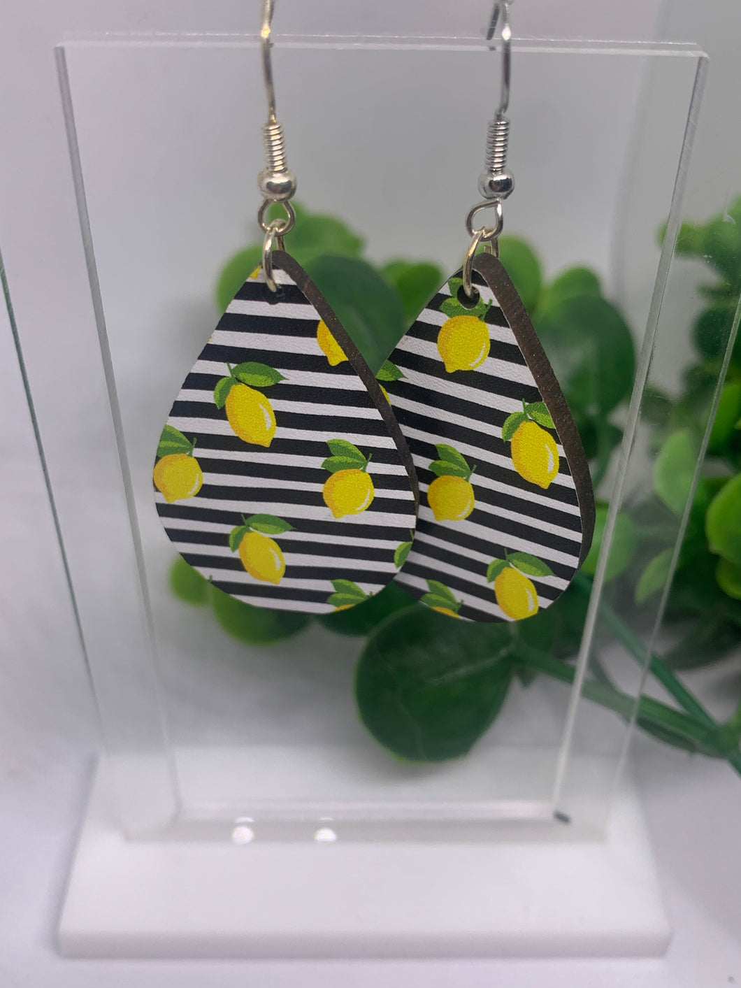 Wooden Printed Lemons Black and White Stripes Summer