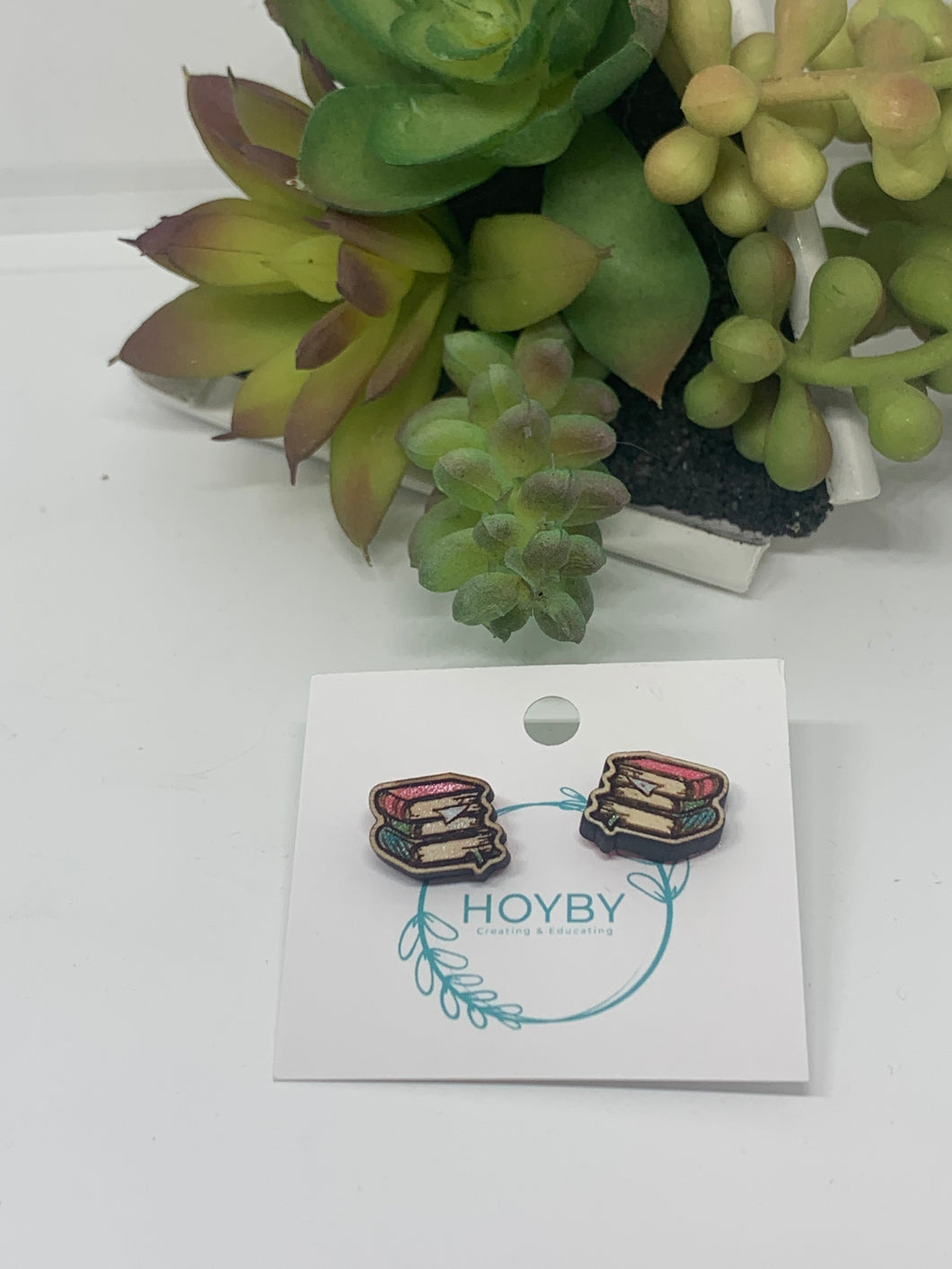 Wooden Stack of Books Stud Earrings
