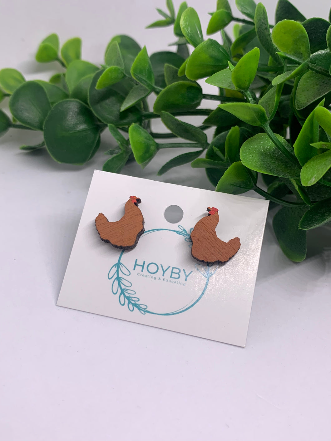 Wooden Chicken Stud Earrings Brown