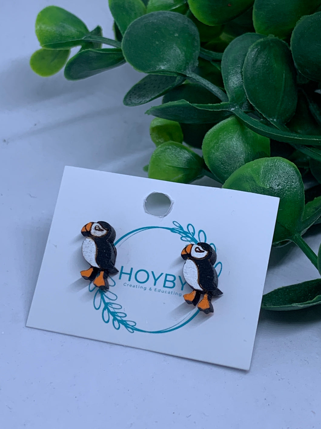 Puffin Wooden Stud Hand Painted