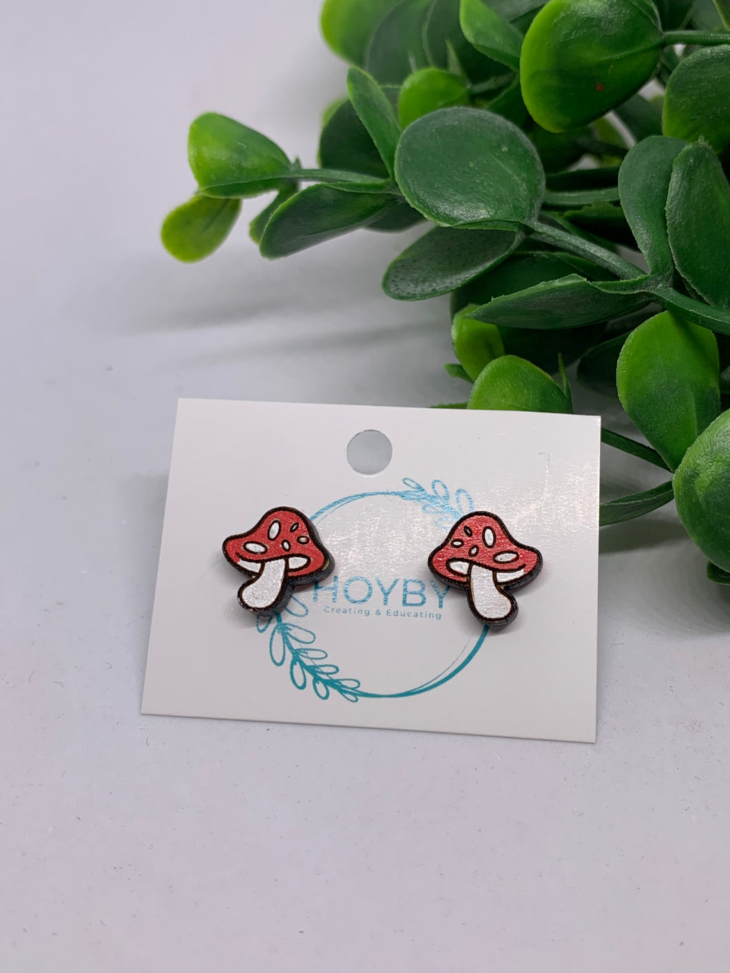 Wooden Mushroom Studs Red with White Polka Dots