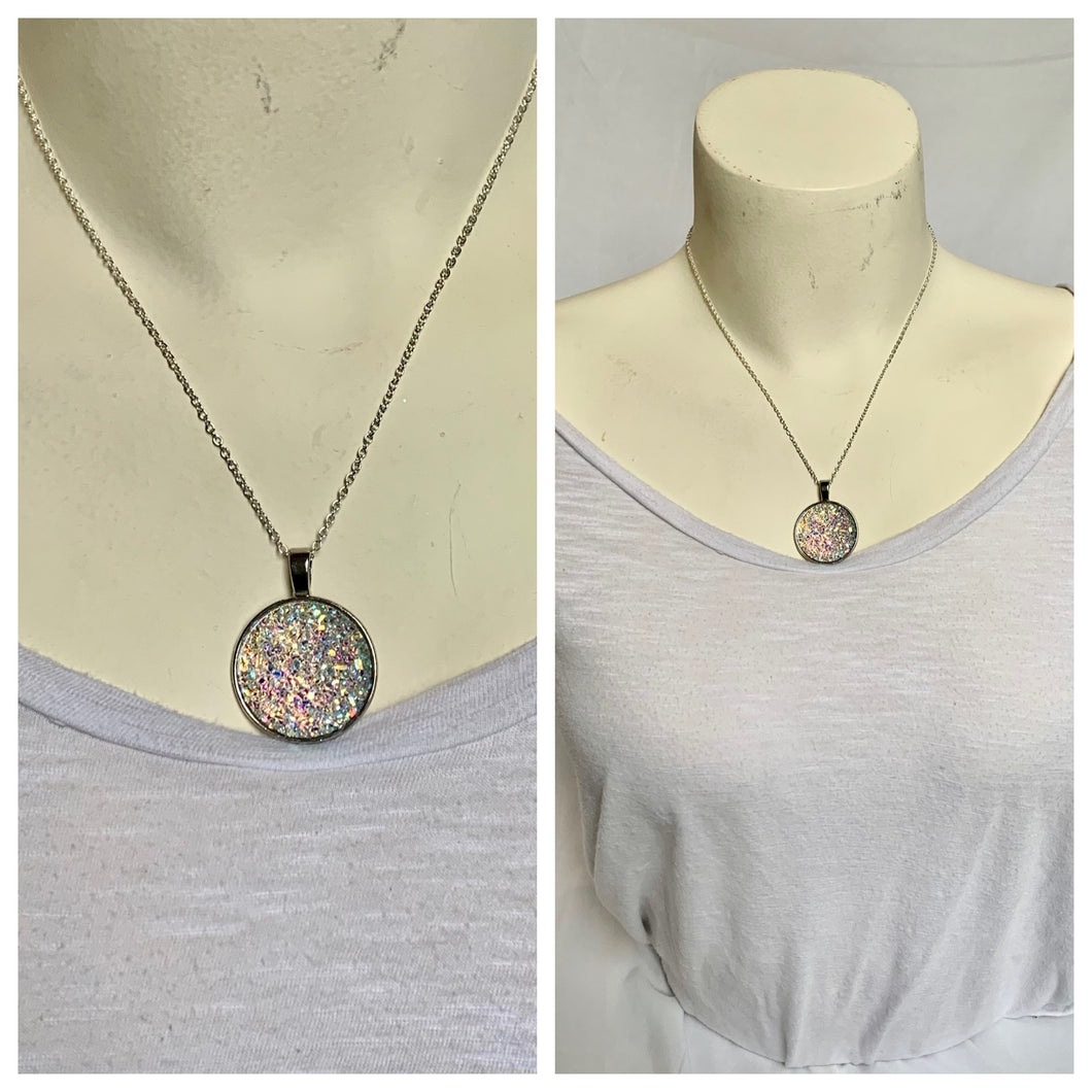 Clear Druzy Style Circular Pendant Necklace 25mm
