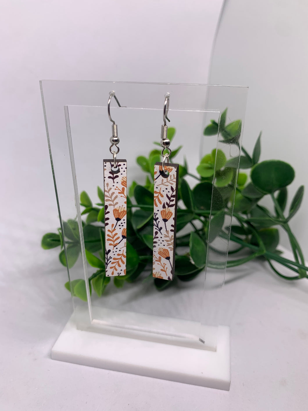 Fall Florals Wooden Print Bar-Dangle Earrings