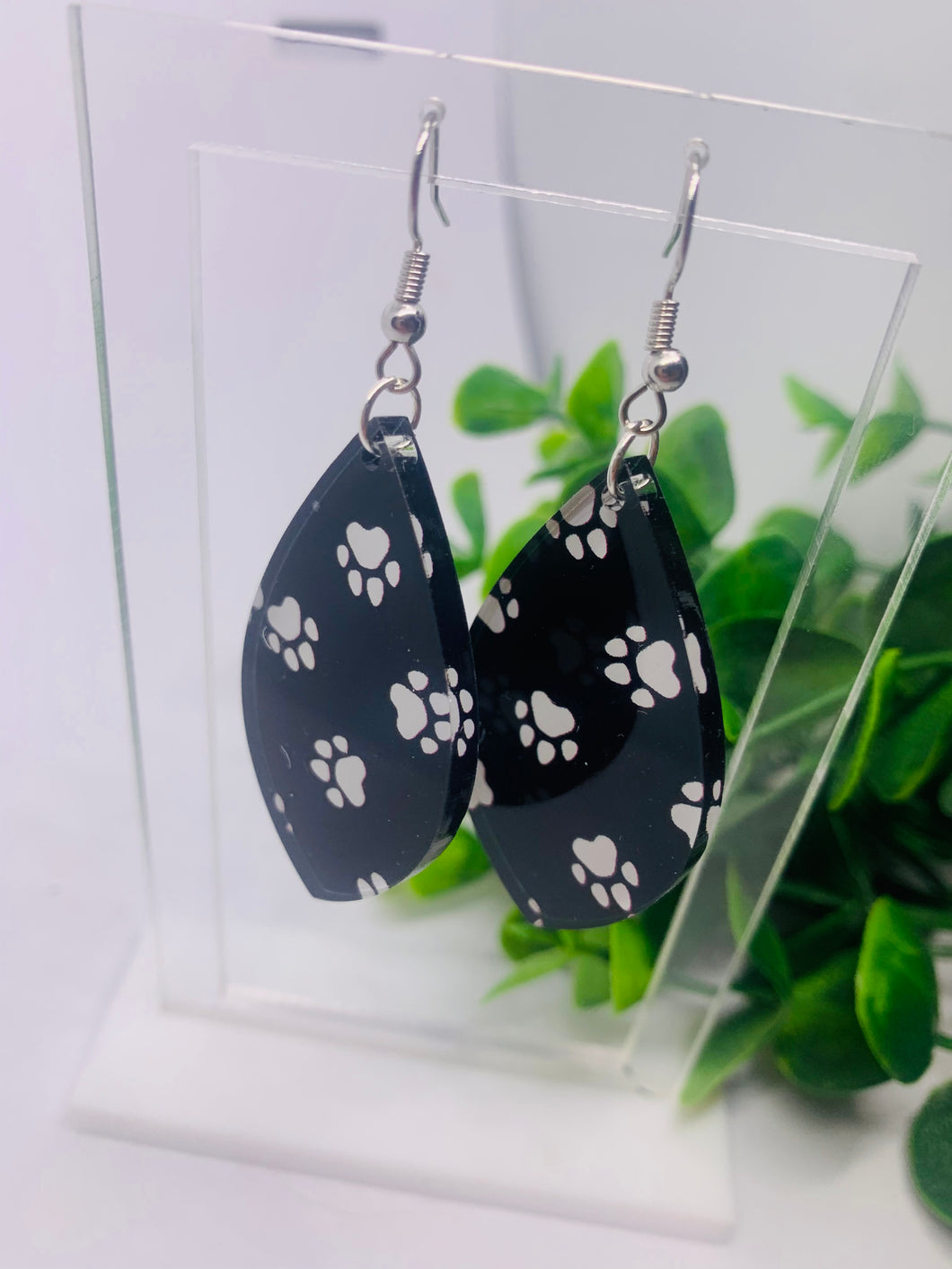 Acrylic Black and White Paw Print Dangles