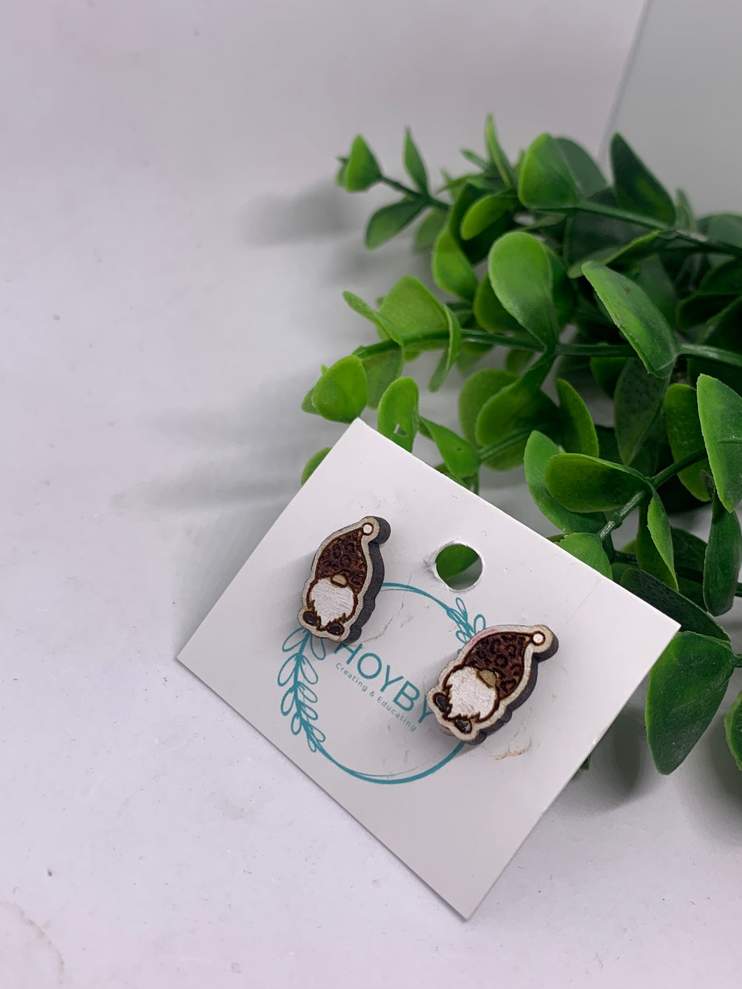 Wooden Gnome with Leopard Print Hat Stud Earrings