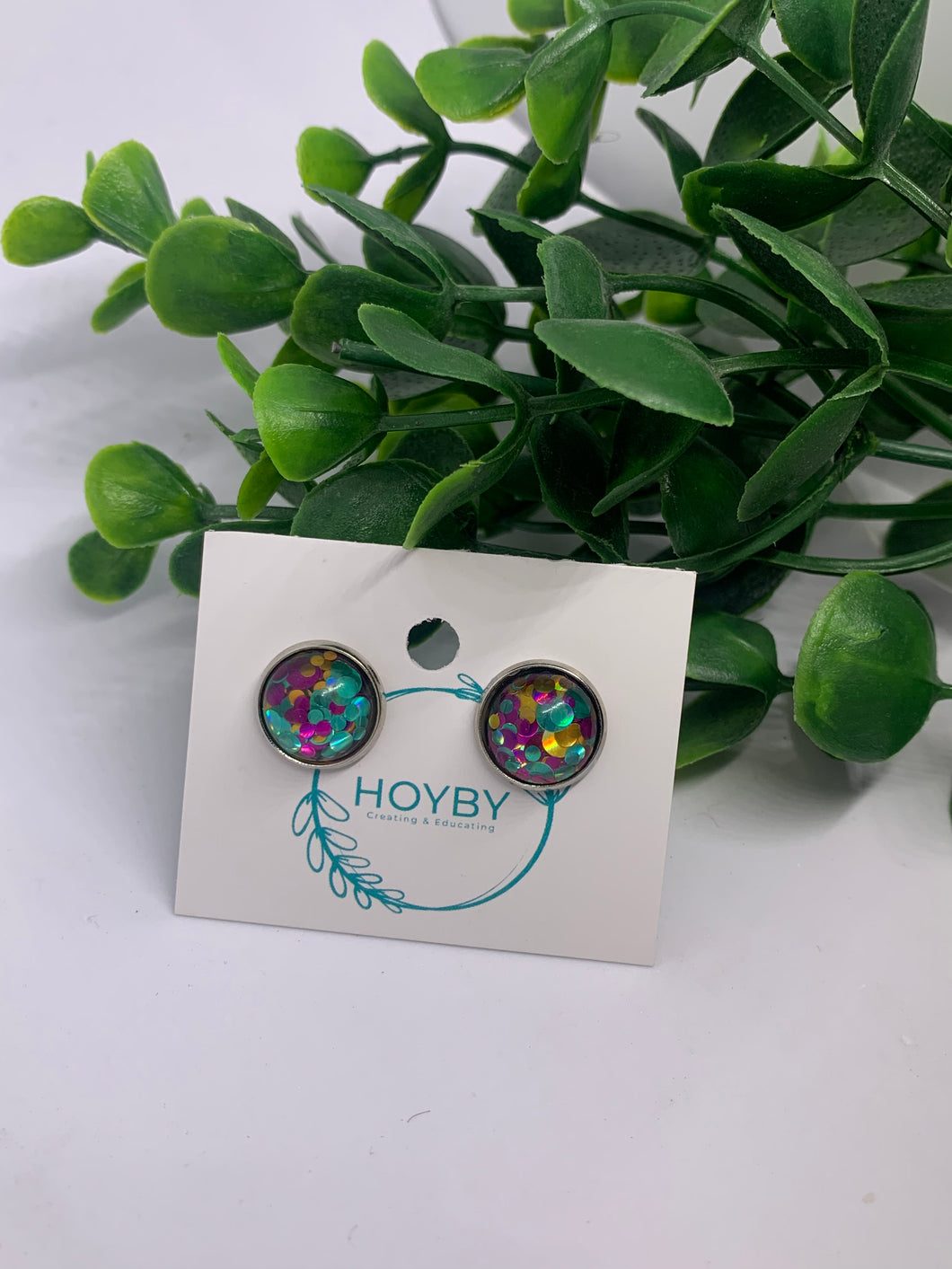 Stud Glass Cabochon Multi-Color Glitter Earrings