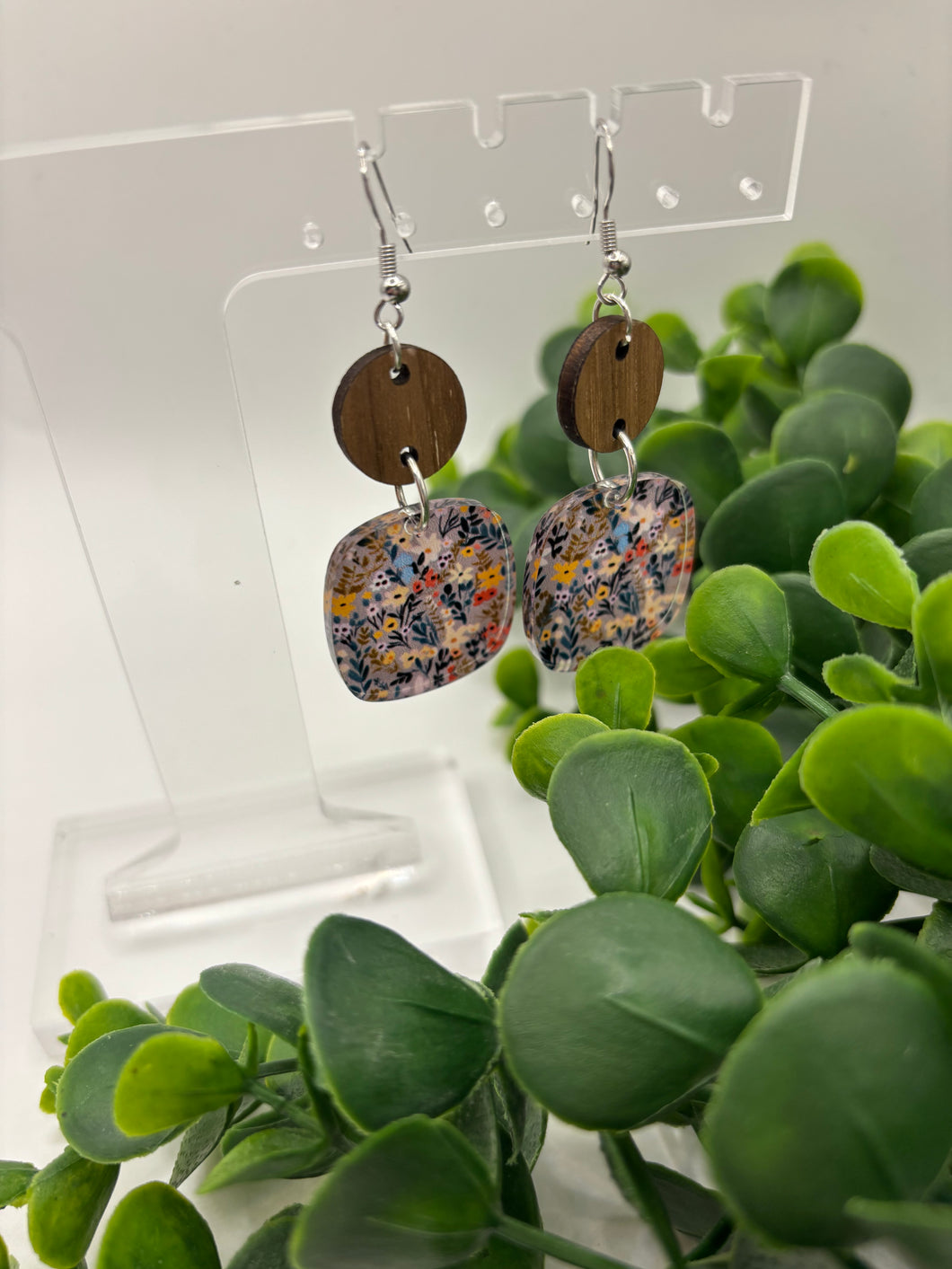 Acrylic Floral Printed Dangle Earrings with Wooden Circle Connectors