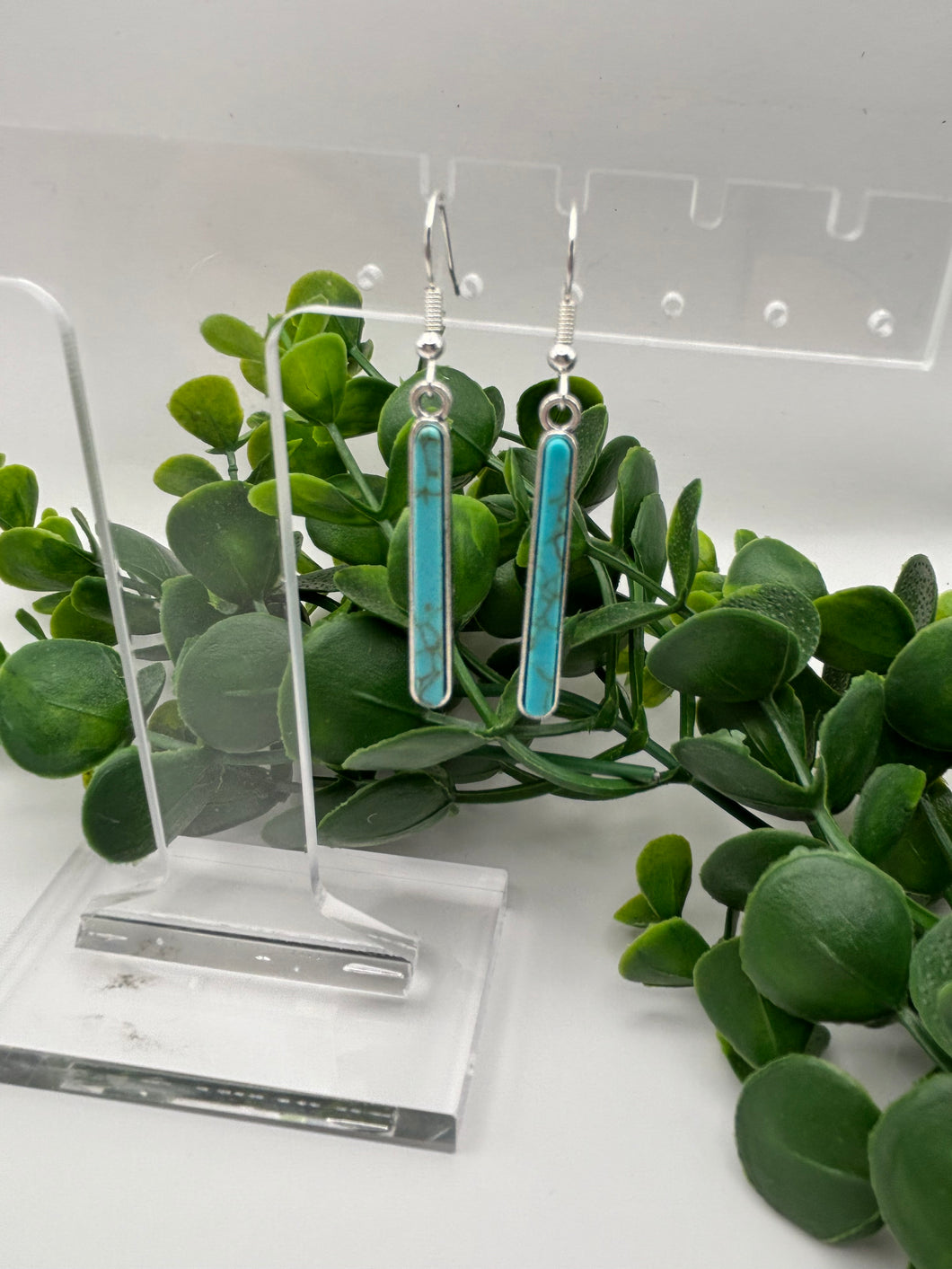 Metal Thin Bar with Turquoise Inset Dangle Earrings