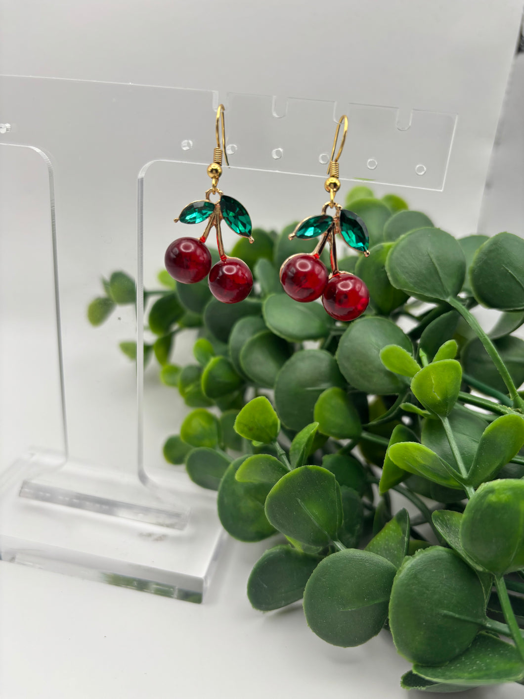 Gold Cherry Glass and Metal Dangle Earrings