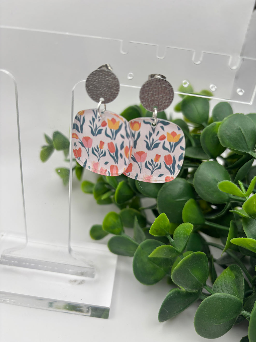 Acrylic Tulip Print Dangle Earrings White Background Spring