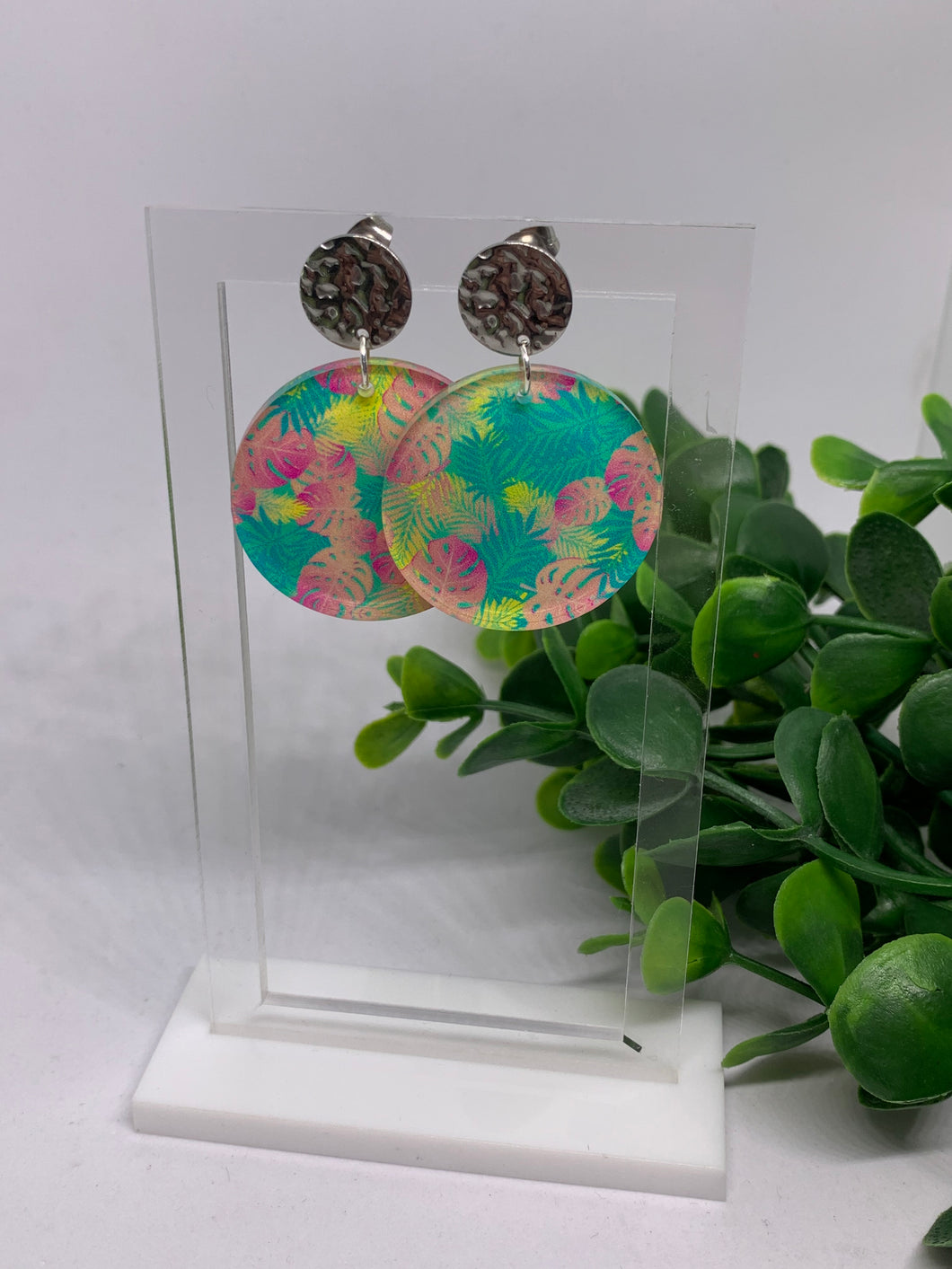 Acrylic Tropical Print Circle and Metal Circle Post Summer Dangle Earrings