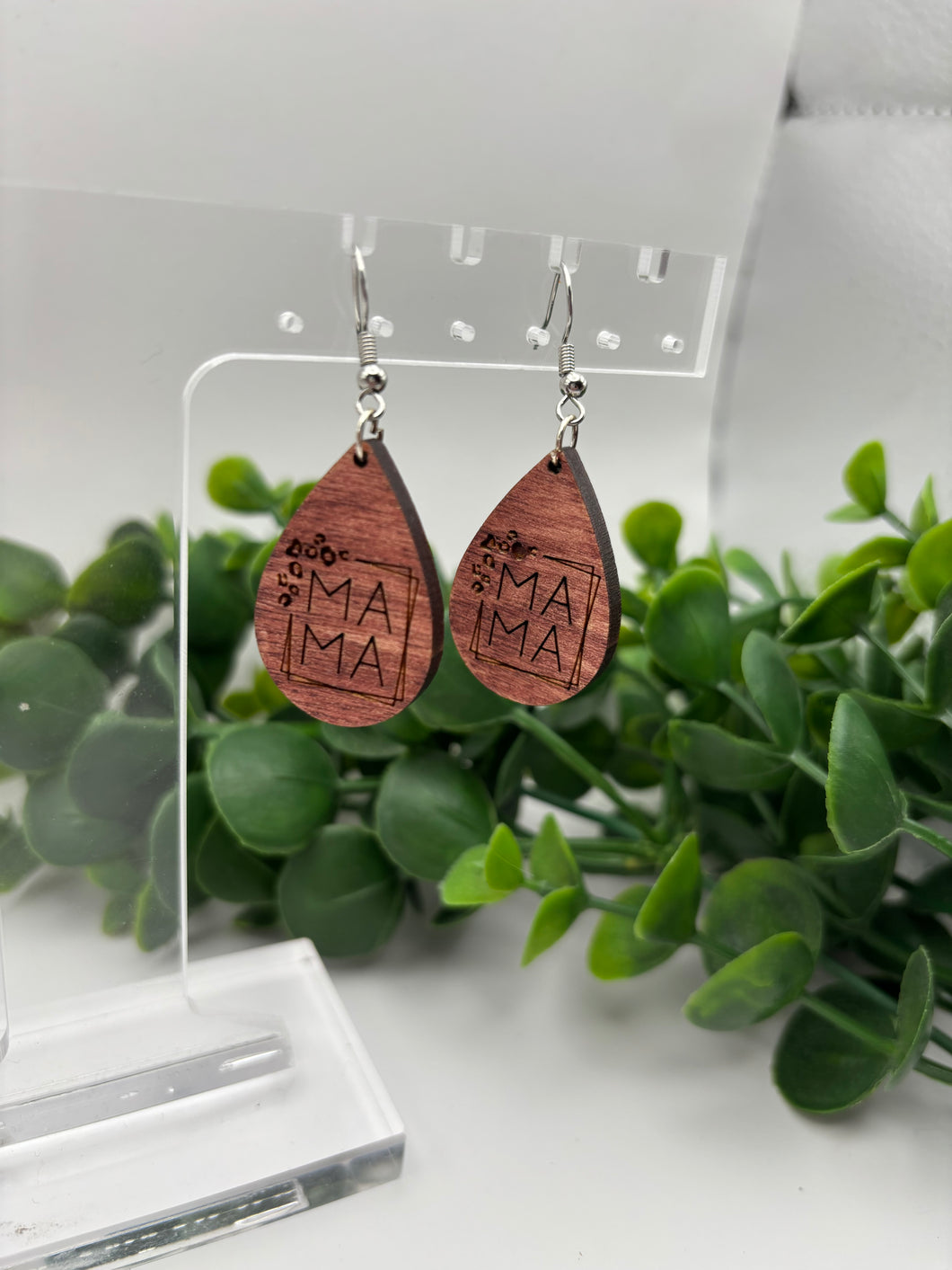 Wooden Mother’s Day “Mama” Stacked Leopard Walnut Teardrop Dangle Earrings