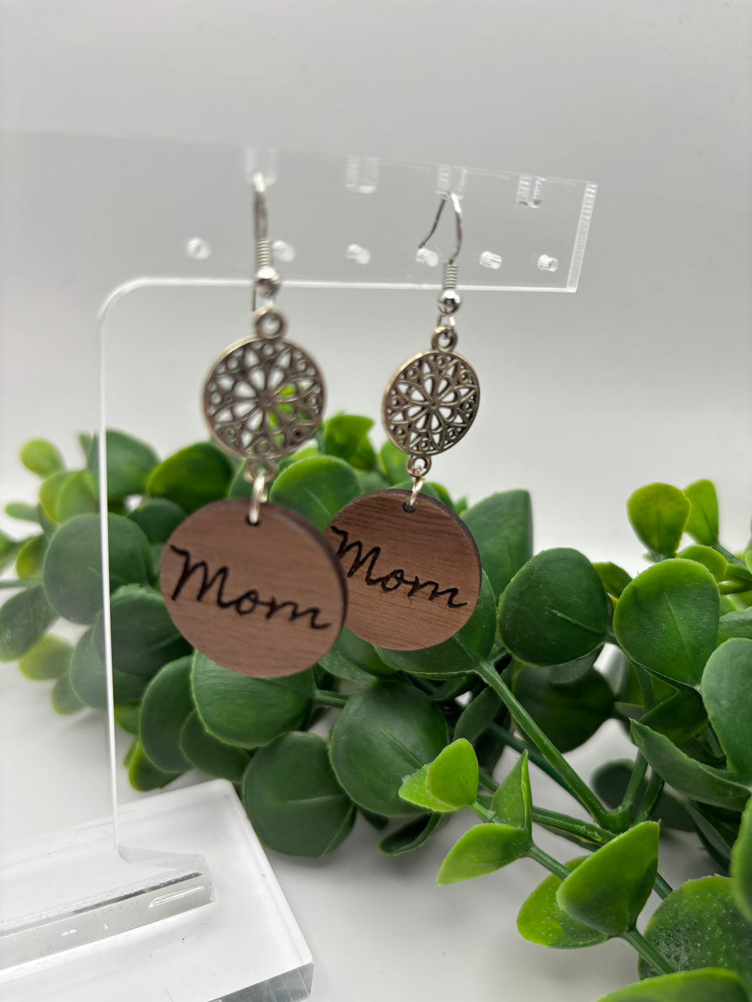 Wooden Mother’s Day “Mom” Walnut Circle Dangle with Metal Circle Connector