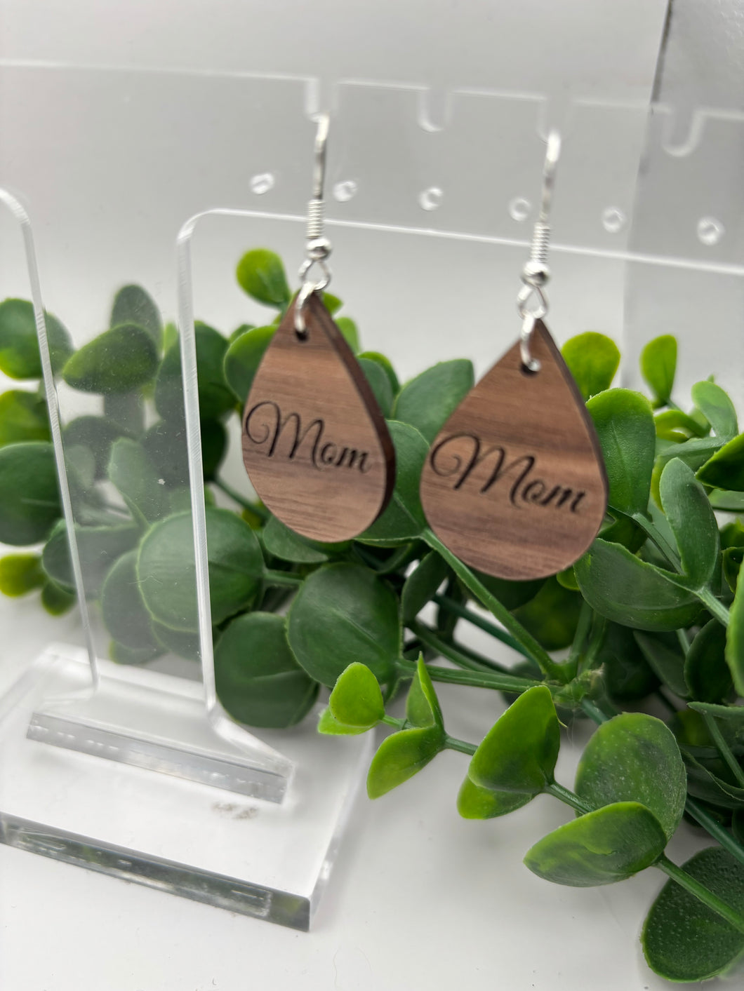 Wooden Mother’s Day Cursive “Mom” Walnut Teardrop Dangle Earring Laser Cut-Customization Options