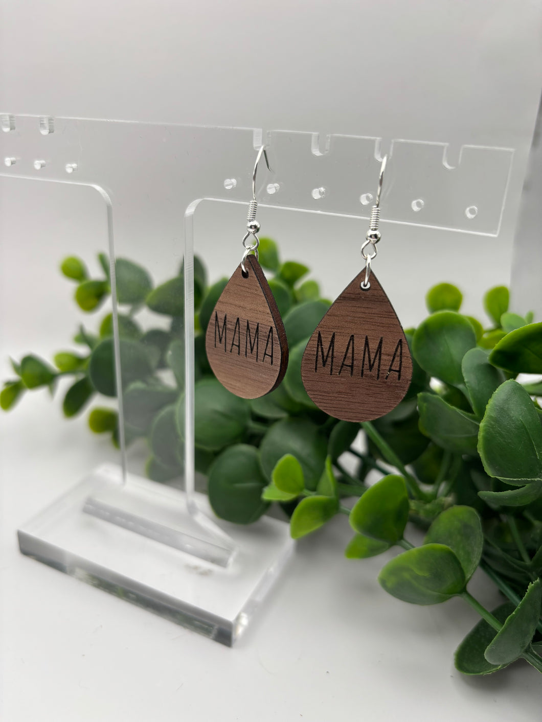 Wooden Mother’s Day “Mama” Walnut Teardrop Dangle Earrings Laser Cut