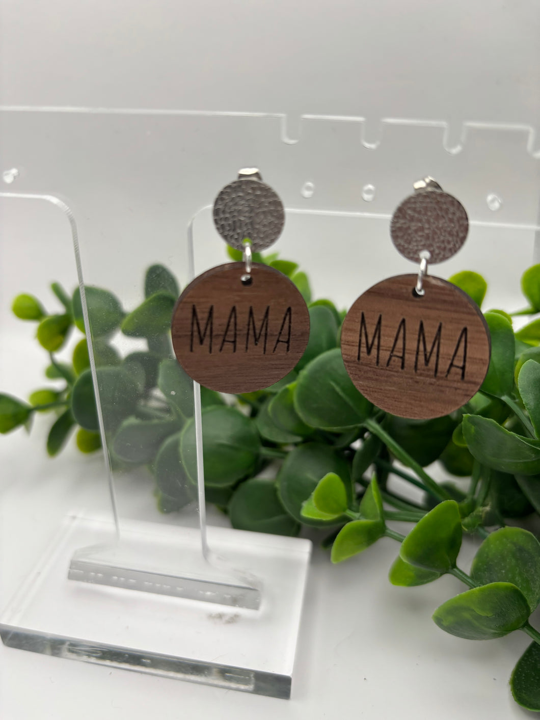 Wooden Mother’s Day “Mama” All Caps Print Dangle Earrings Laser Cut with Metal Connector Stud (Customization Options)