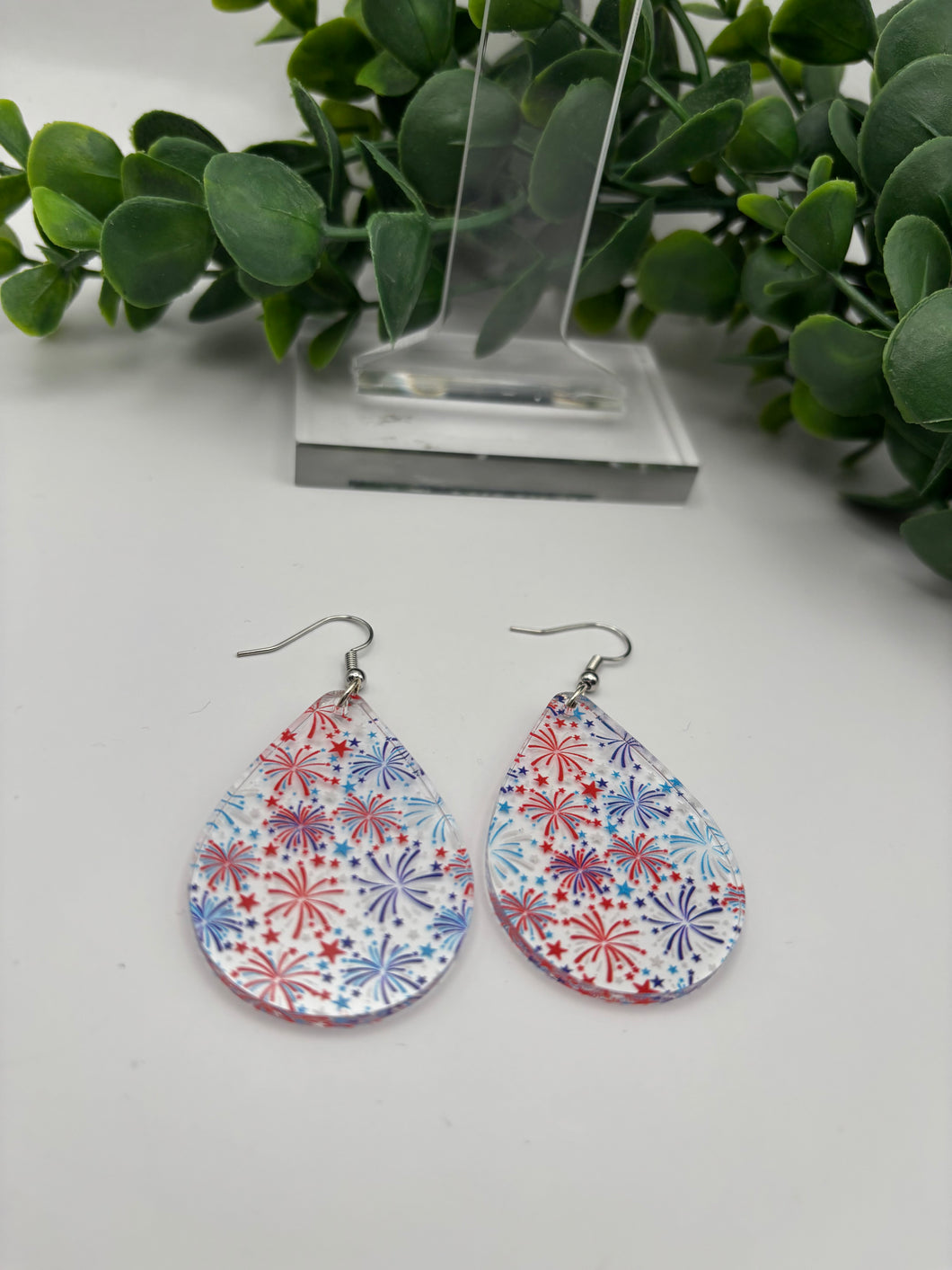 Clear Acrylic Red White Blue Fourth of July Patriotic Teadrop Dangles