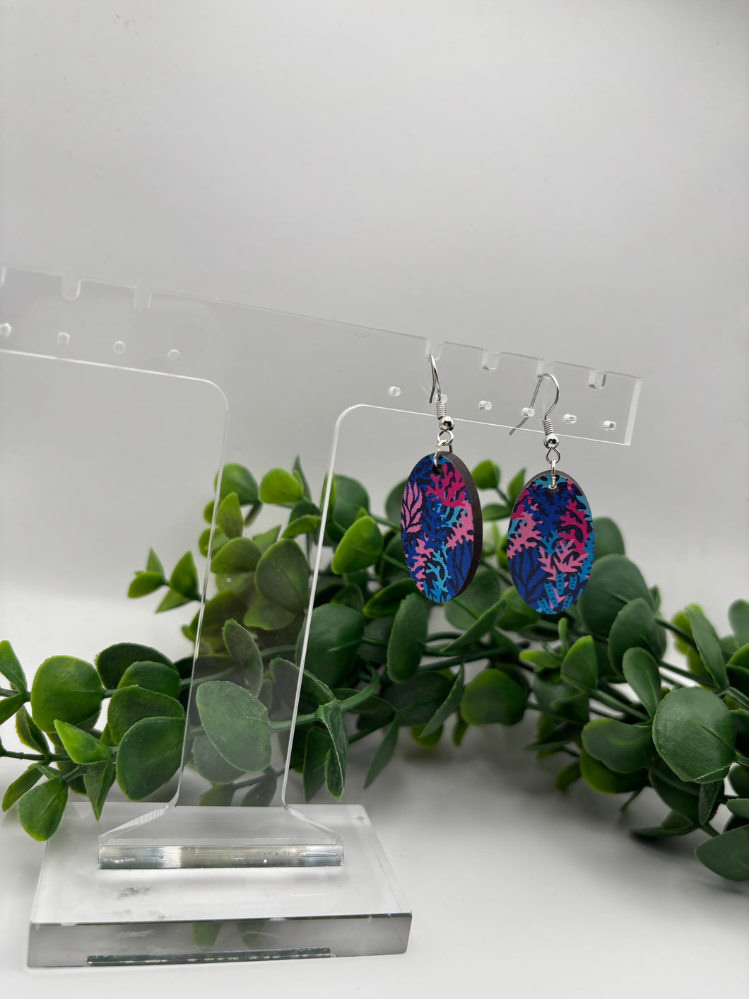 Wooden Oval Coral Print Summer Dangle Earrings