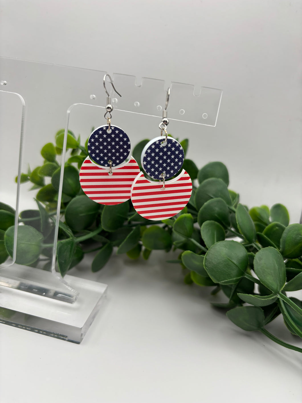 Printed Acrylic Red White Blue Fourth of July Patriotic Stars and Stripes Inset Circle Dangles