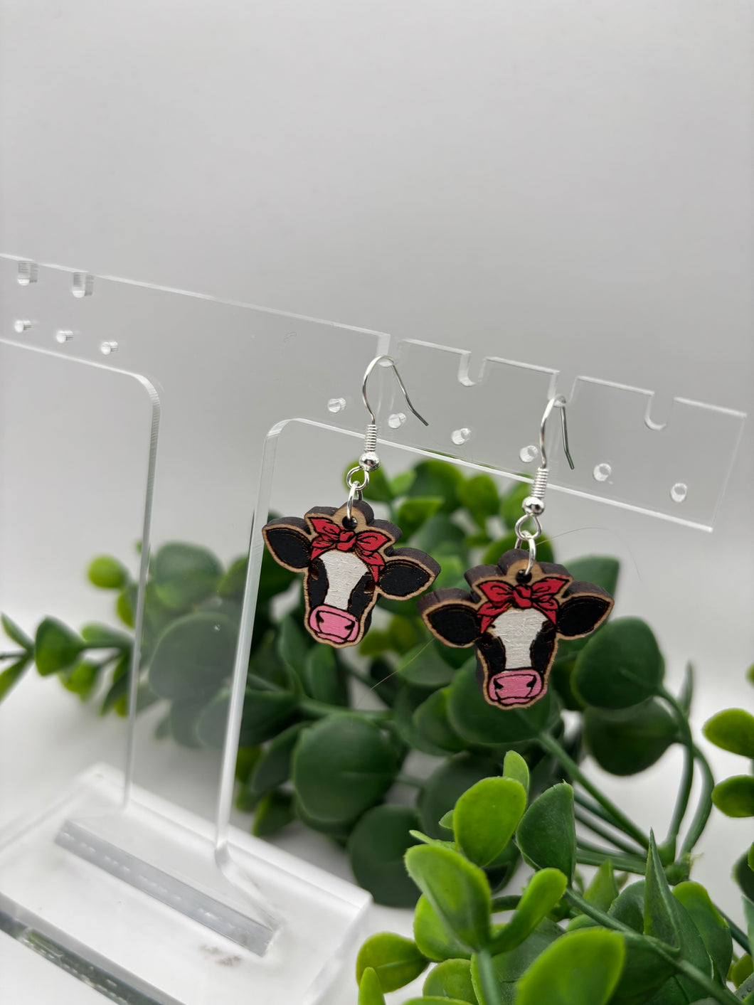 Wooden Handpainted Cow with Bandana Dangles