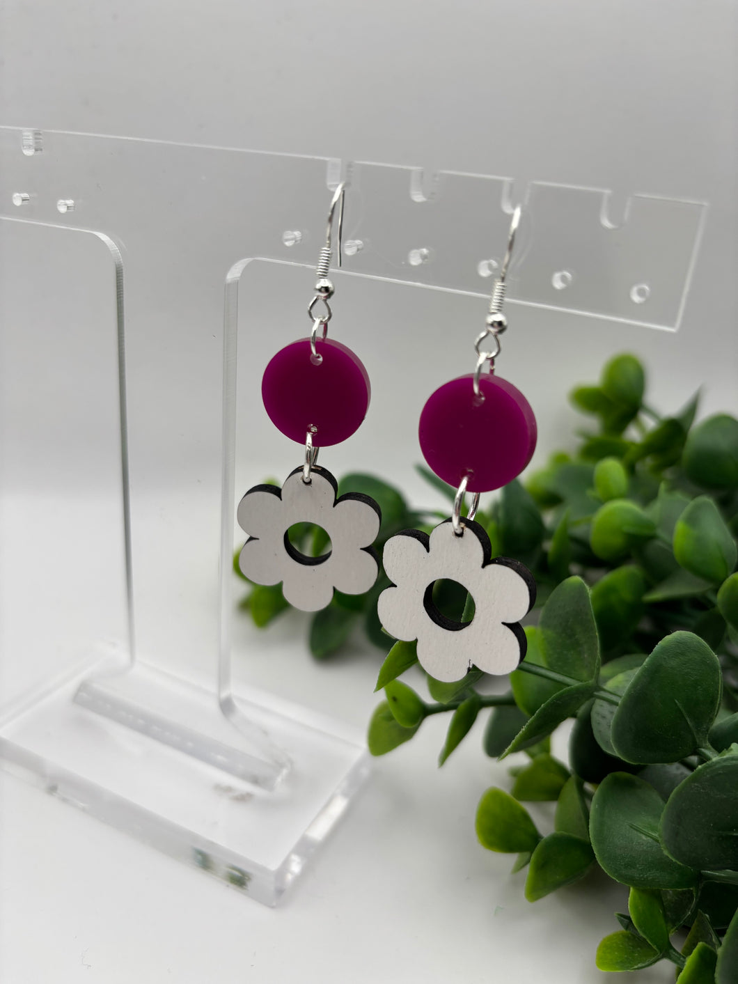 Wooden White Flower Dangles with Acrylic Connector-Multiple Variations