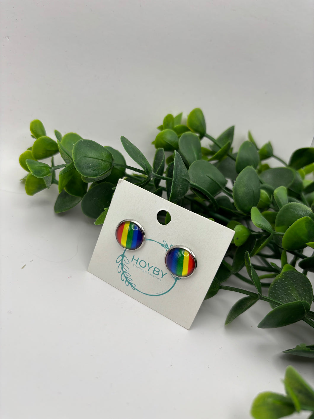Rainbow Stripe Glass Cabochon in 12mm Bezel Stud Earrings Pride