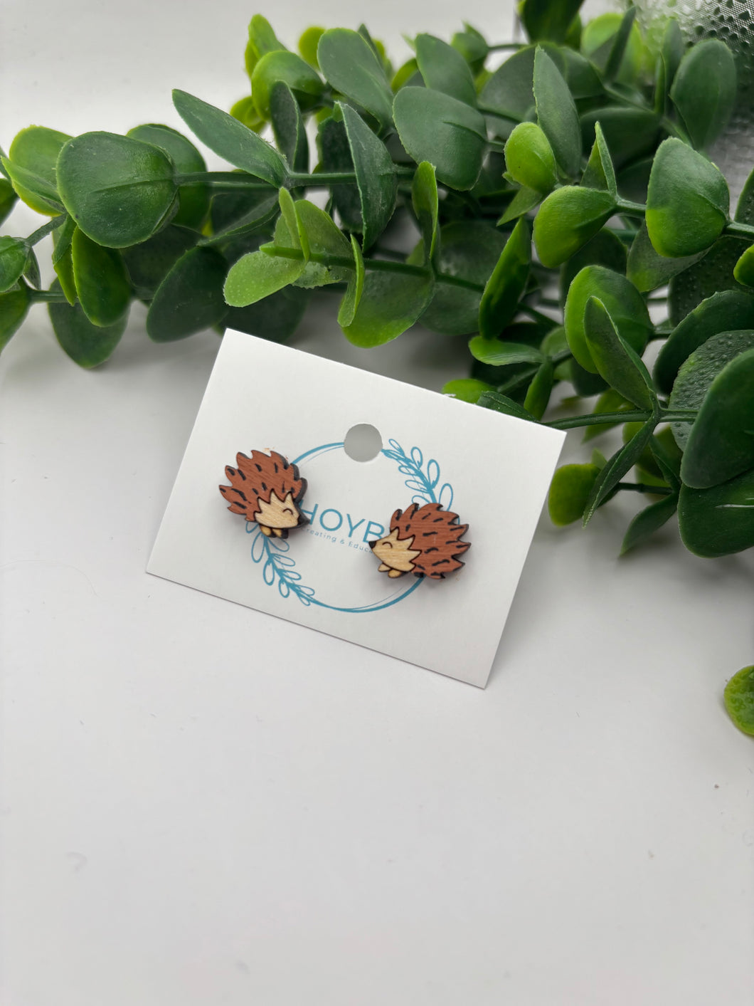 Wooden Hedgehog Hand Painted Stud Earrings