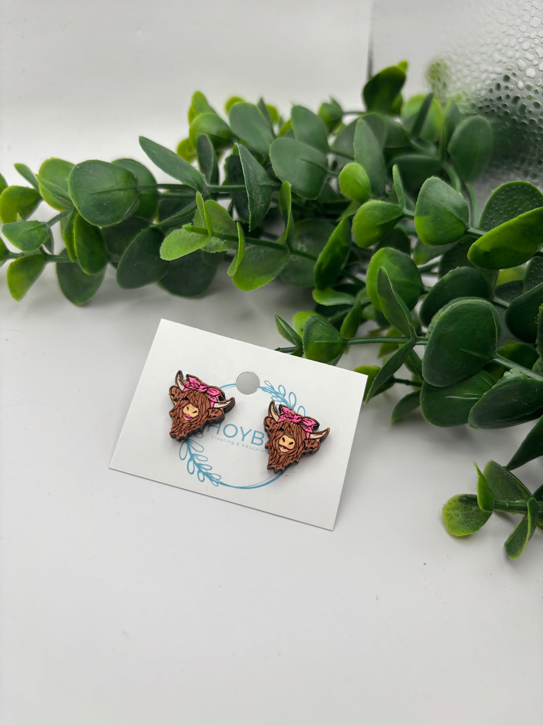 Wooden Highland Cow Hand Painted Stud Earrings