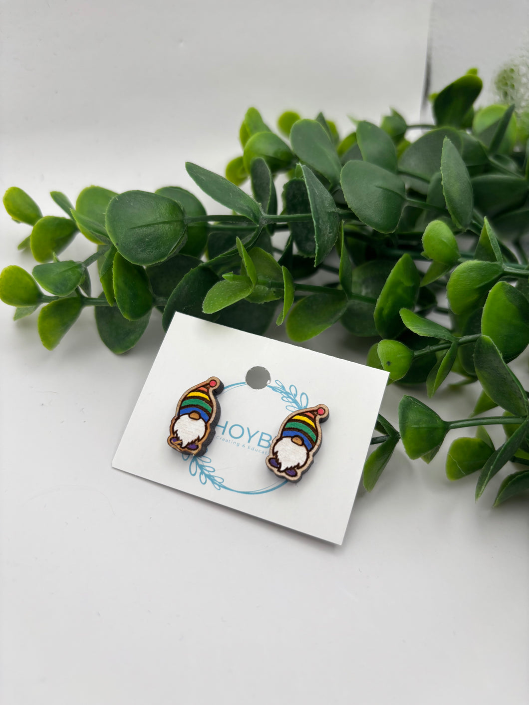 Wooden Gnome Rainbow Colors Hand Painted Stud Earrings