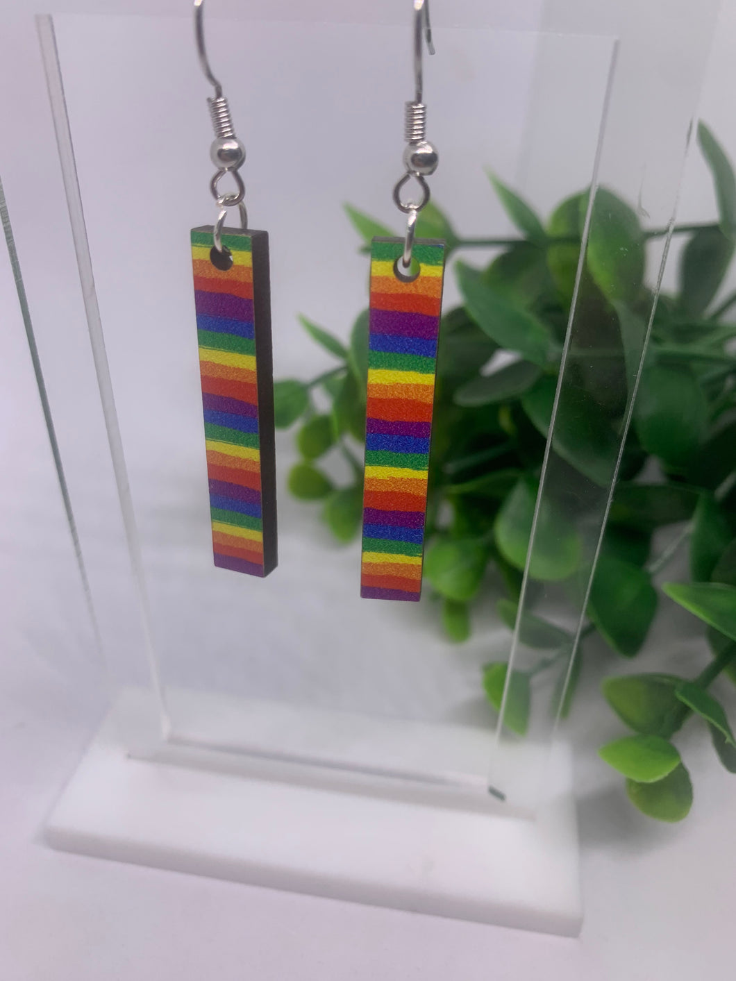 Printed Wood Rainbow Stripe Bar Dangle Earrings Pride