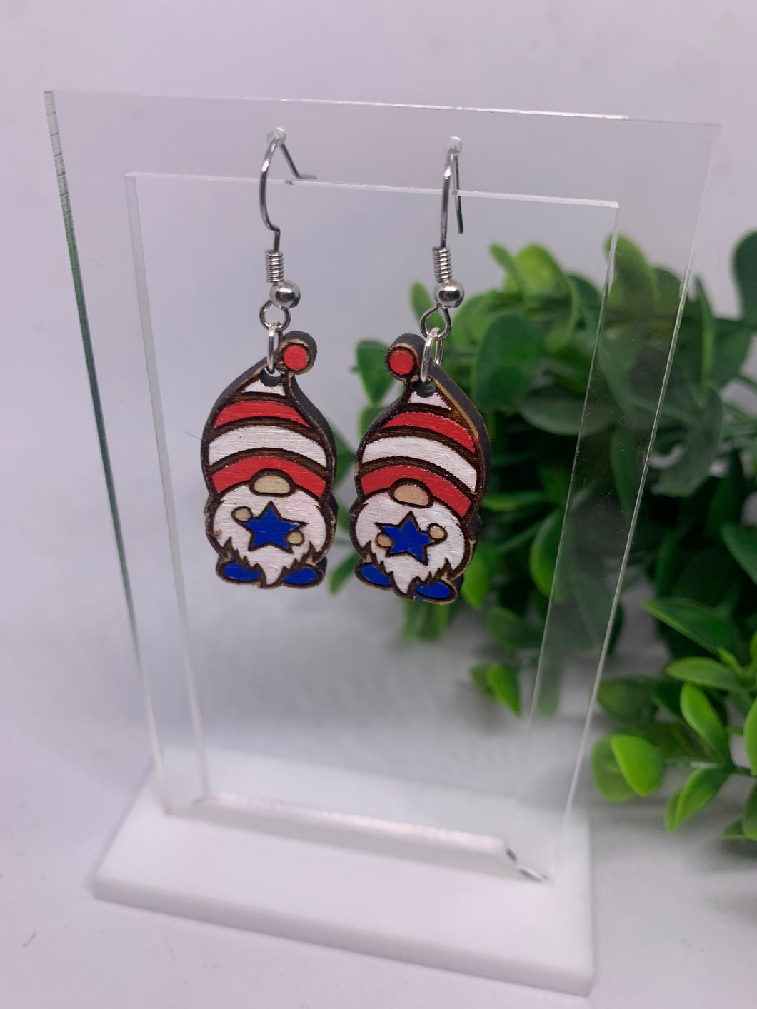 Wooden Gnome Red White Blue Fourth of July Patriotic Dangle Earrings