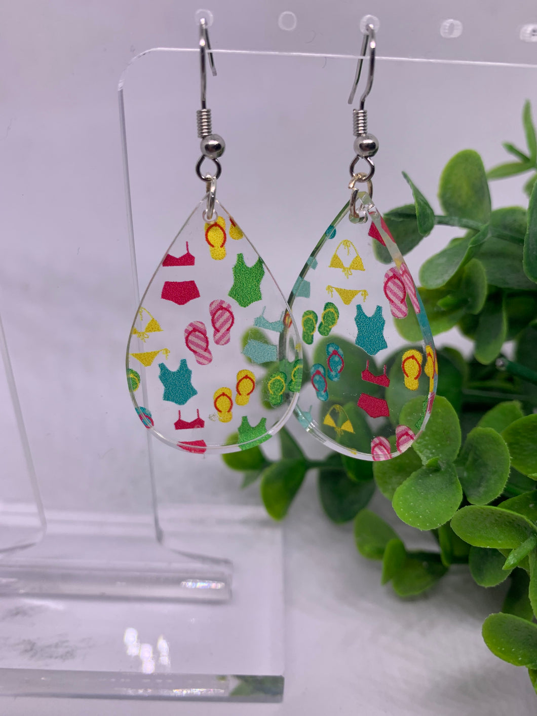 Acrylic Clear Bathing Suit and Flip Flops Print Summer Dangle Earrings