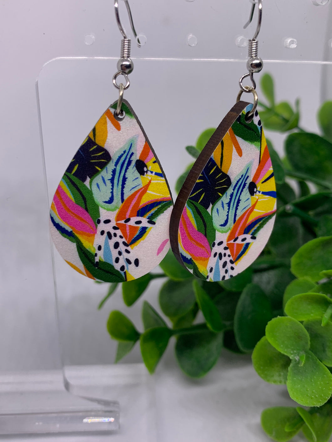 Wooden Printed Wood Tropical Summer Print Teardrop Dangle Earrings
