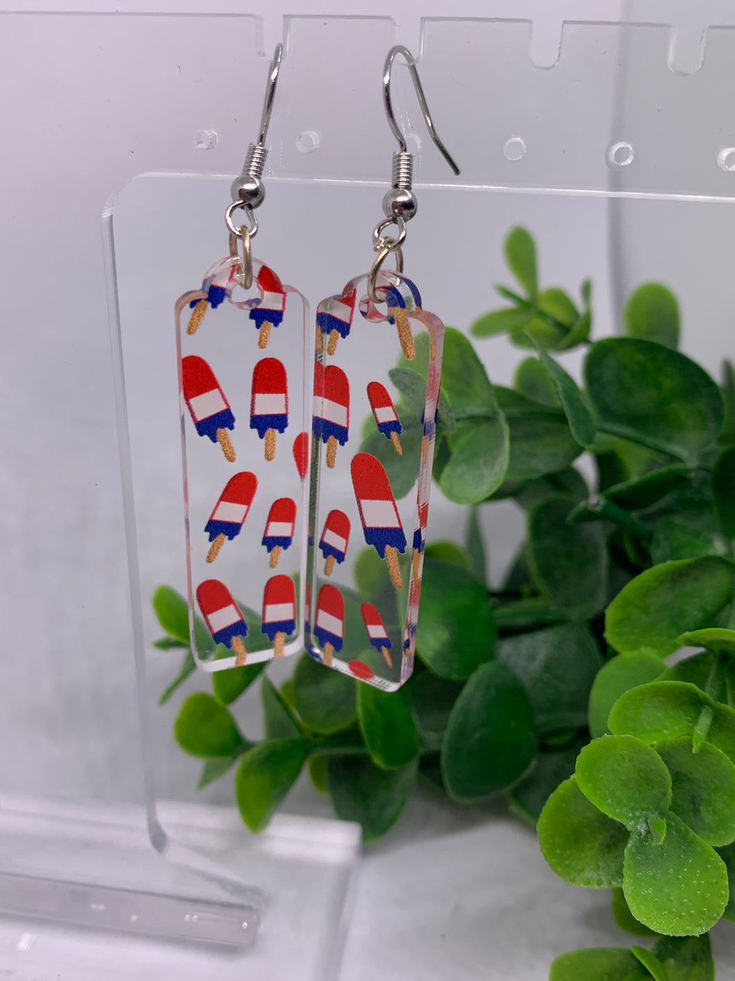 Clear Acrylic Red White Blue Popsicle Fourth of July Patriotic Bar Dangles