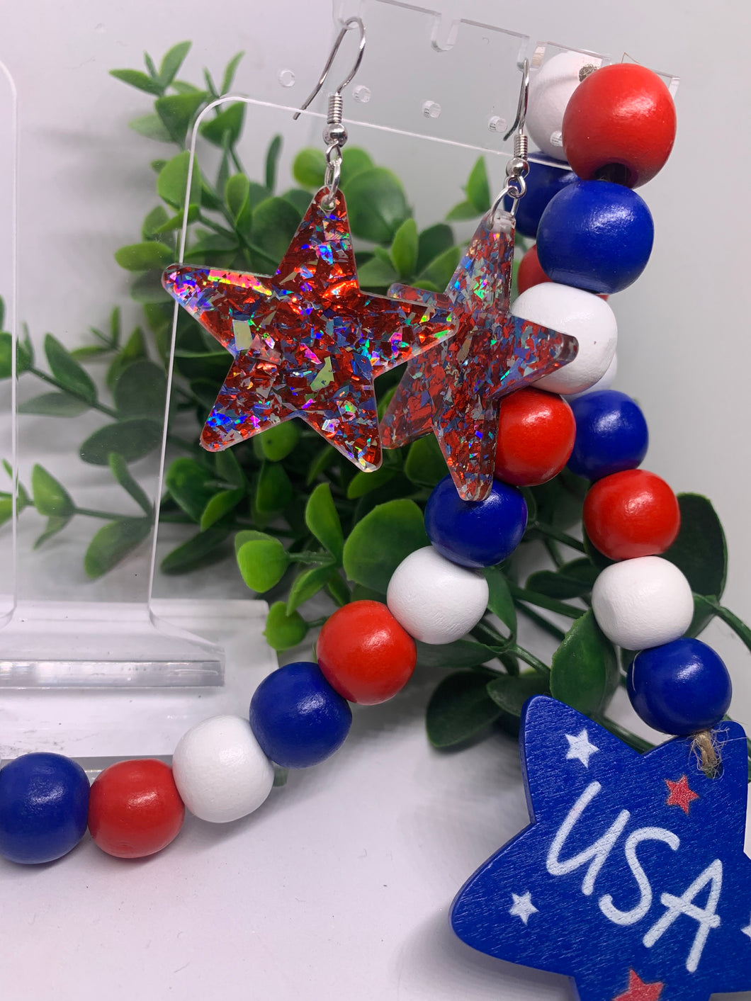 Clear Acrylic Red White Blue Glitter Confetti Fourth of July Patriotic Star Dangles