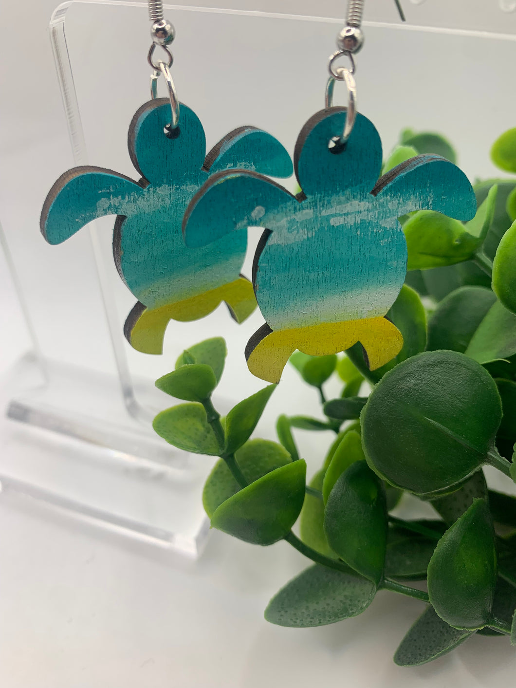 Wooden Handpainted Beach Scene Turtle Summer Dangle Earrings