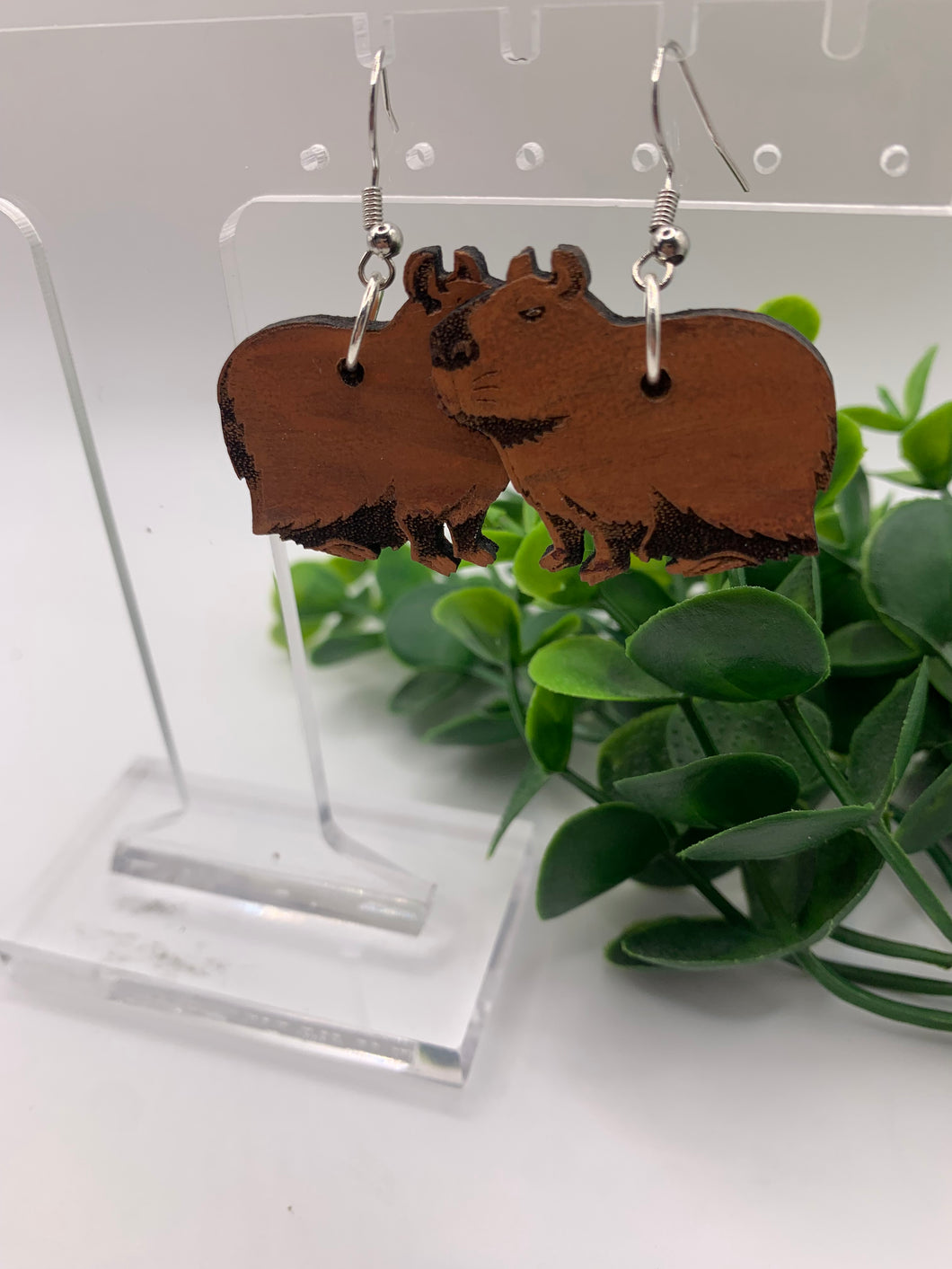 Wooden Walnut Capybara Dangle Earrings