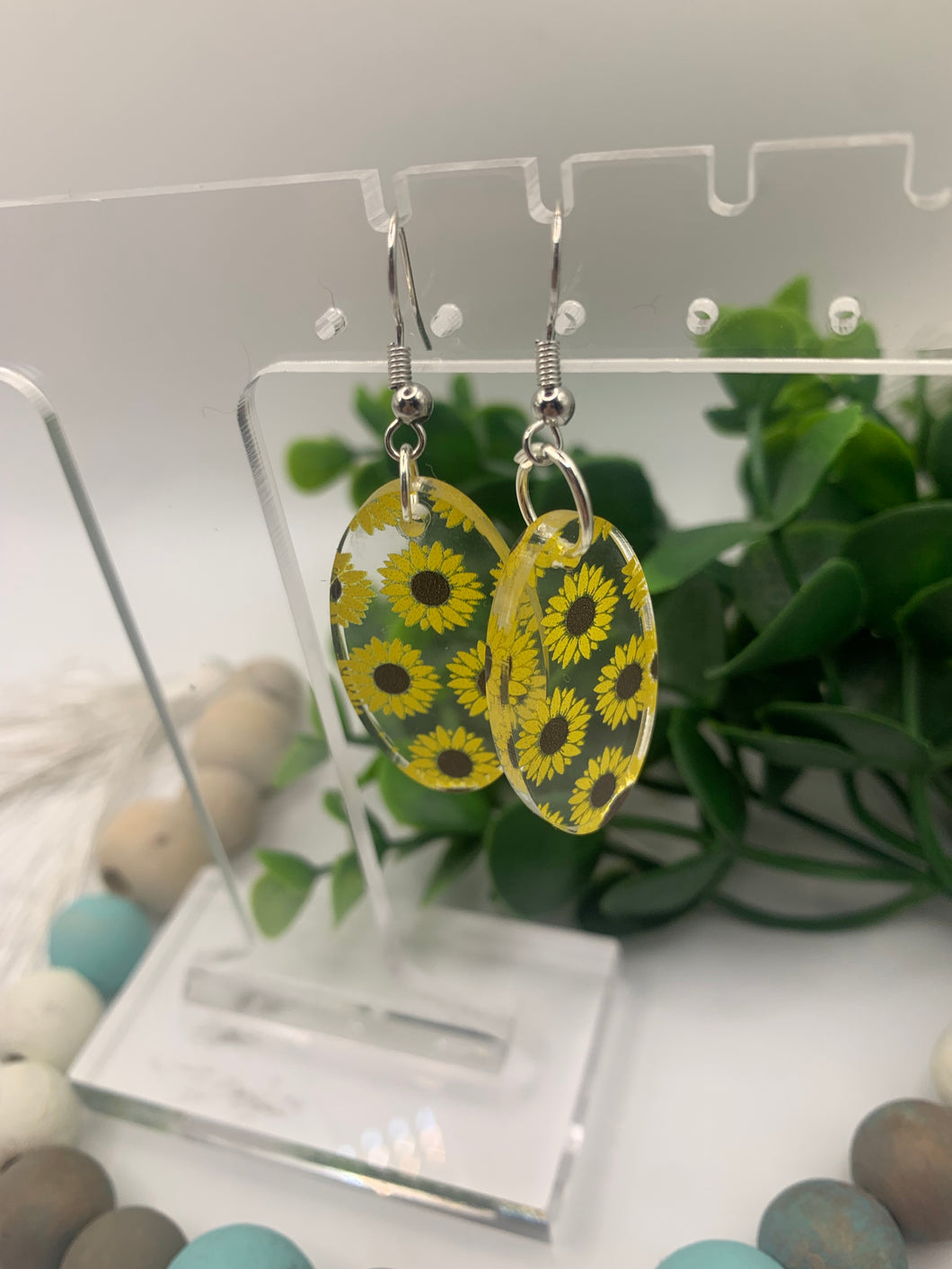 Acrylic Oval Clear Sunflowers Print Fall Earrings
