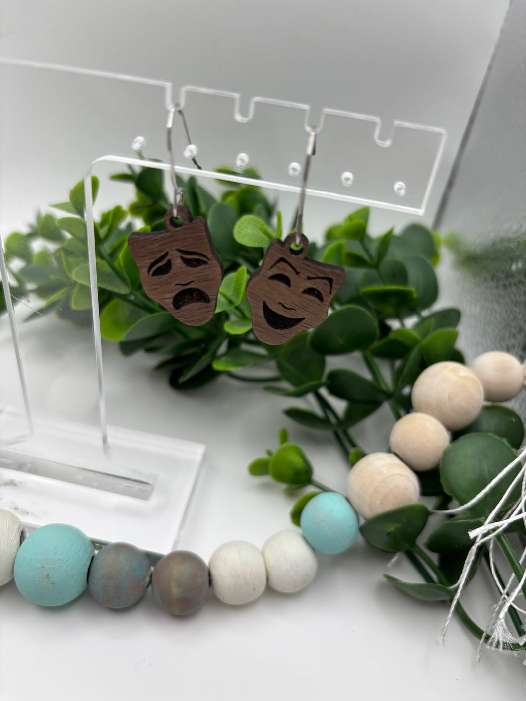 Wooden Walnut Theatre Masks Dangle Earrings