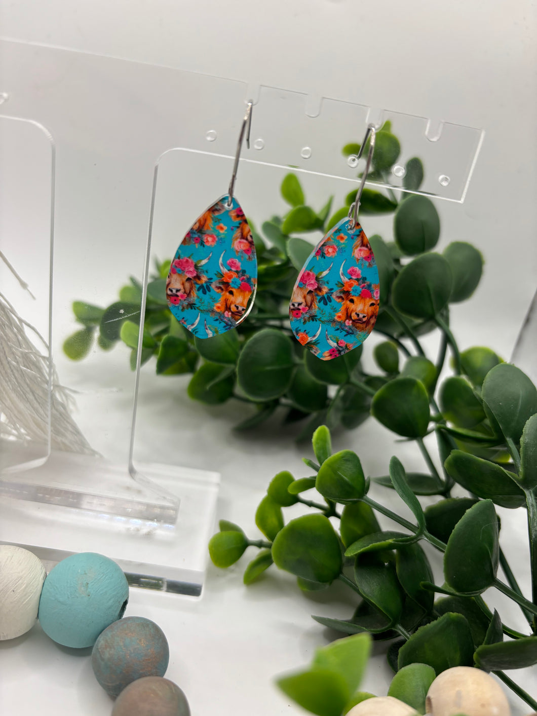Acrylic Highland Cow Blue Background Petal Shape Dangle Earrings