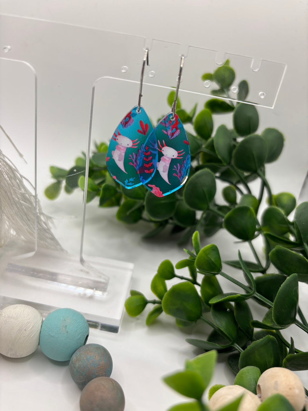 Acrylic Axolotl Ocean Background Wide Teardrop Dangle Earrings