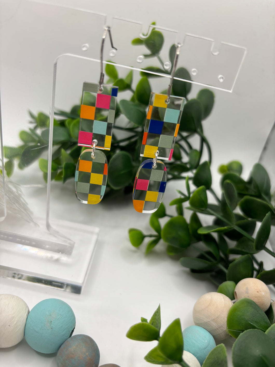 Acrylic Multi-Colored Checkerboard Print Dangle Earrings