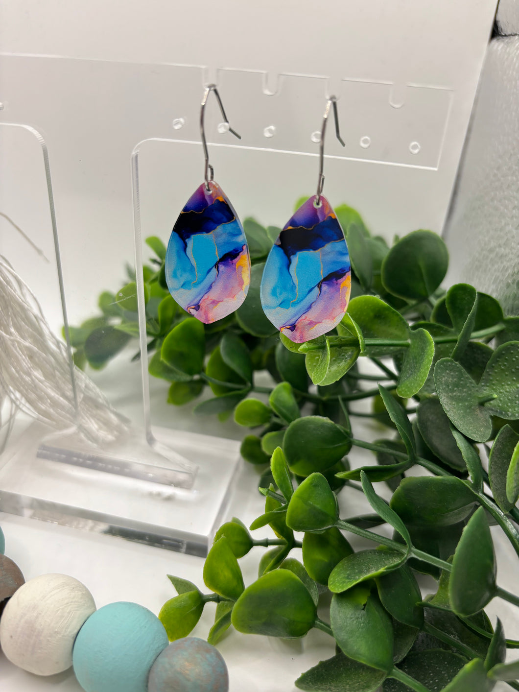Acrylic Cool Colors Watercolor Wide Teardrop Dangle Earrings